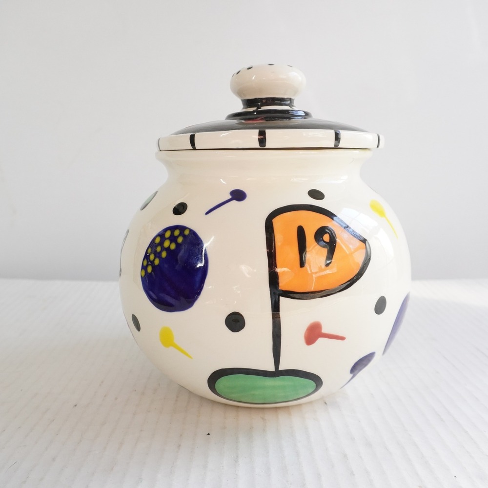 Bette Abrams 1998 Ceramic Jar Pot Golf Theme 19th Hole‎ Lid Cookie Jar Colorful